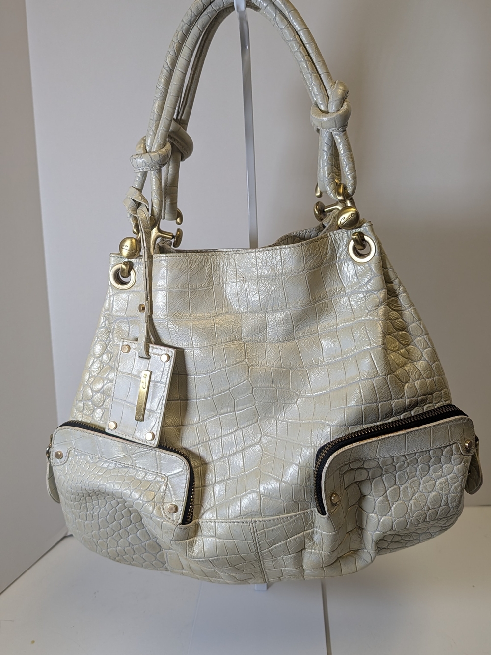 Cream Croc-Embossed Shoulder Tote with Gold Hardware